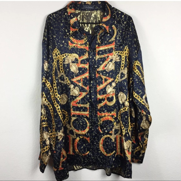 Ceta Italiana Chain Button Versace Vibes Silk Metallic Shirt XL - Picture 6 of 9